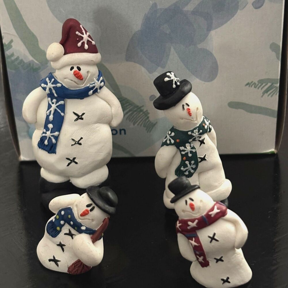 Signed Polymer Clay Snowman Family Set of 4 Christmas Figures 1"-3" Handmade